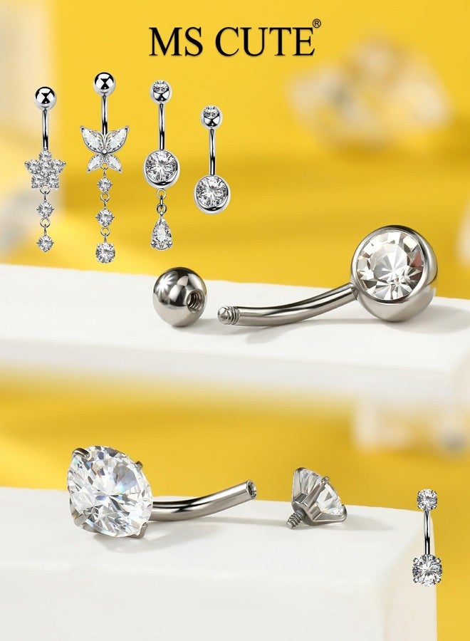 MS CUTE 5PCS Silver Belly Button Rings for Women 14G Dangle Navel Piercing Jewelry Set Surgical Stainless Steel Body Jewelry with CZ Butterfly Flower Teardrop Barbell for Beach Festival Gym - Image 3
